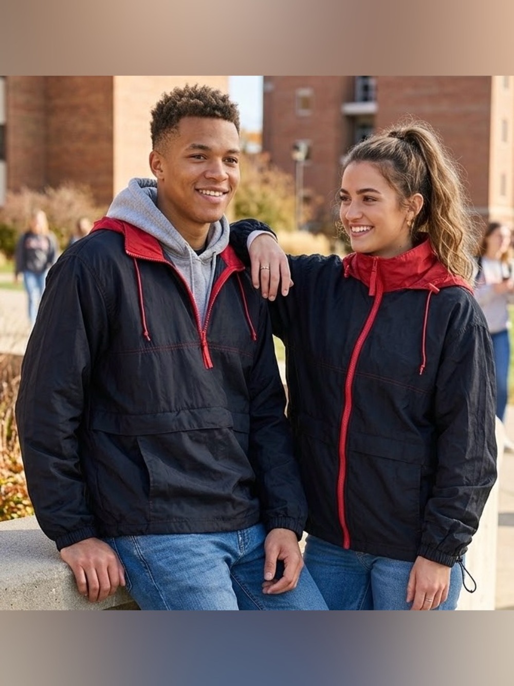 Unisex vintage 90s Black Red Anorak Pullover Hooded Windbreaker Jacket Size M